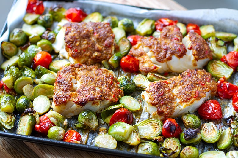 Baked Cod Fillets with Brussels Sprouts