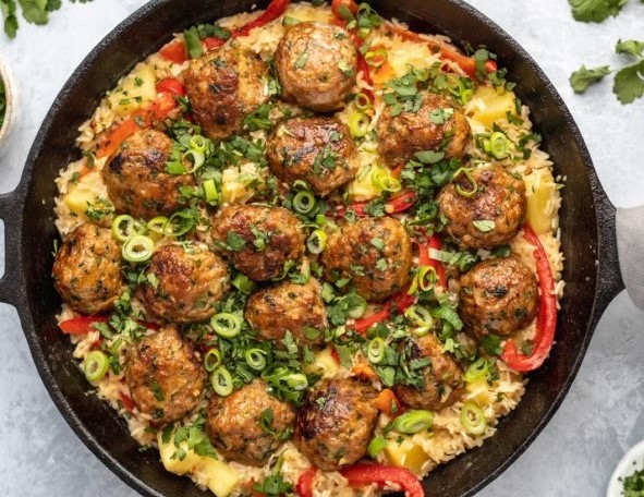 Chicken Meatballs with Coconut Pineapple Rice